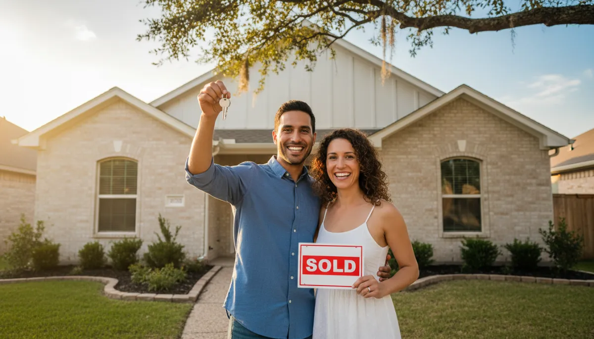 Photorealistic happy first-time homebuyer couple in front of their new Houston home