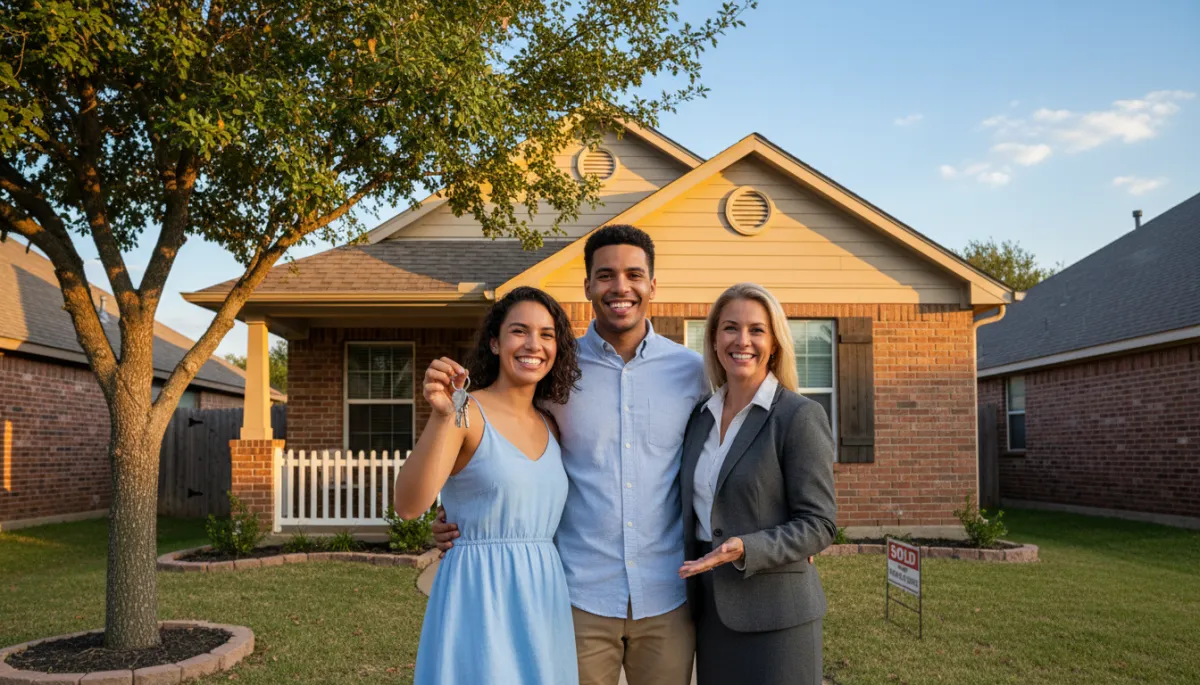 Photorealistic first-time homebuyer couple receiving keys in Dallas Fort Worth