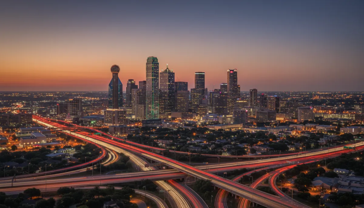 Photorealistic Dallas and Fort Worth skylines at dusk with city lights