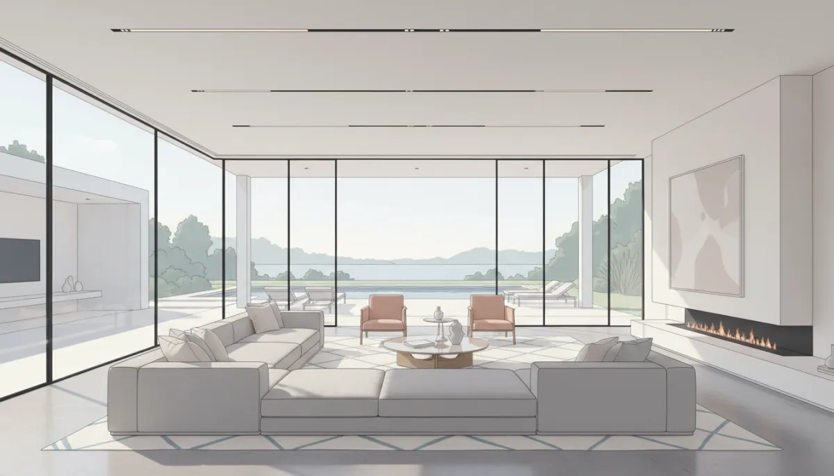 Interior of a DFW luxury home with open living space and pool view Interior of a DFW luxury home with open living space and pool view
