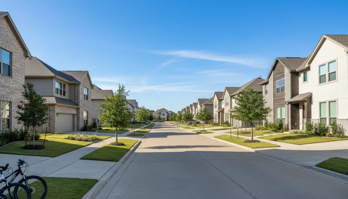Modern suburban Houston street lined with single-family homes and townhomes