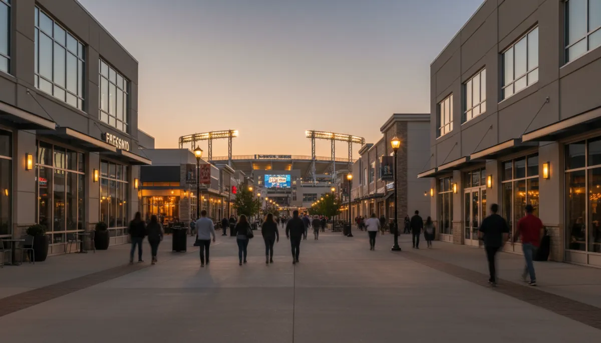 Professional view of Frisco entertainment district with restaurants, shops, and stadium lights