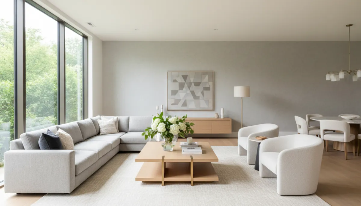 Professionally staged Houston living room with neutral decor and natural light