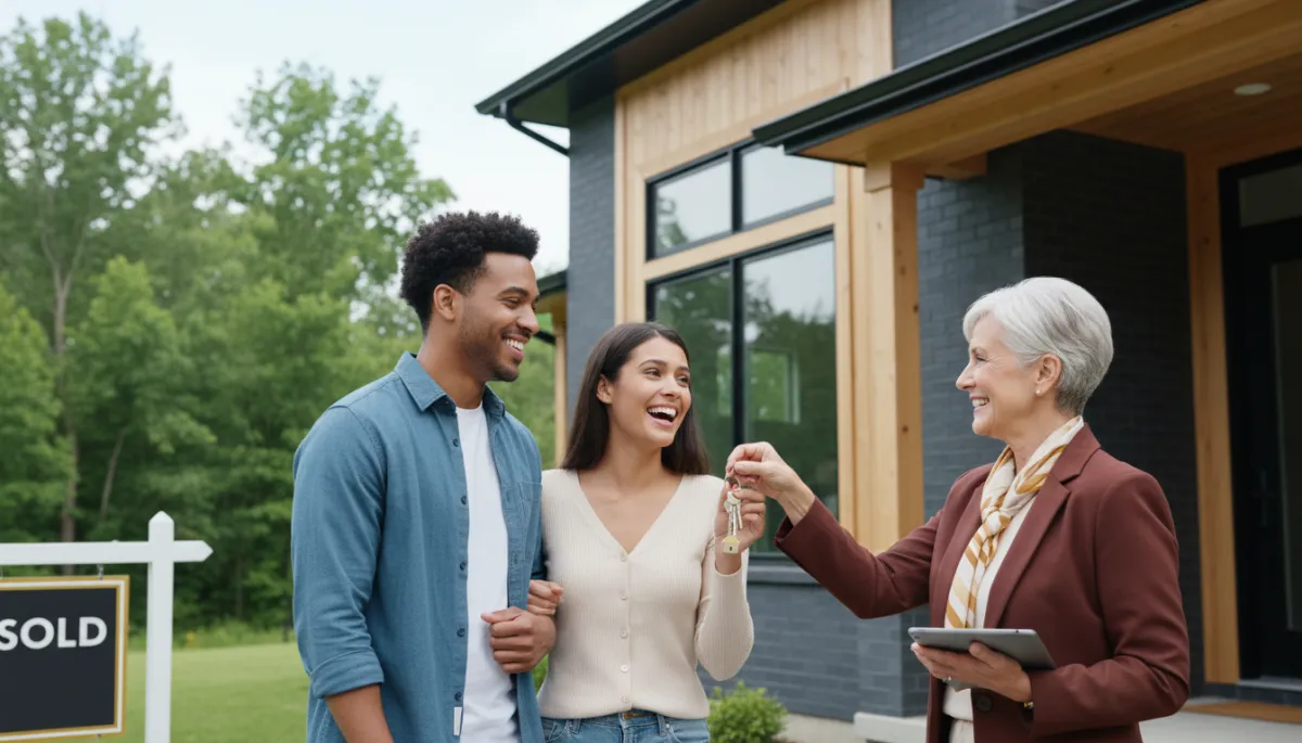 A real, candid photo of first-time homebuyers with their real estate agent reviewing neighborhood details outside a suburban Texas home. The image should show clear signage, authentic expressions, and a welcoming residential environment typical of Houston, Katy, or DFW neighborhoods. A real, candid photo of first-time homebuyers with their real estate agent reviewing neighborhood details outside a suburban Texas home. The image should show clear signage, authentic expressions, and a welcoming residential environment typical of Houston, Katy, or DFW neighborhoods.
