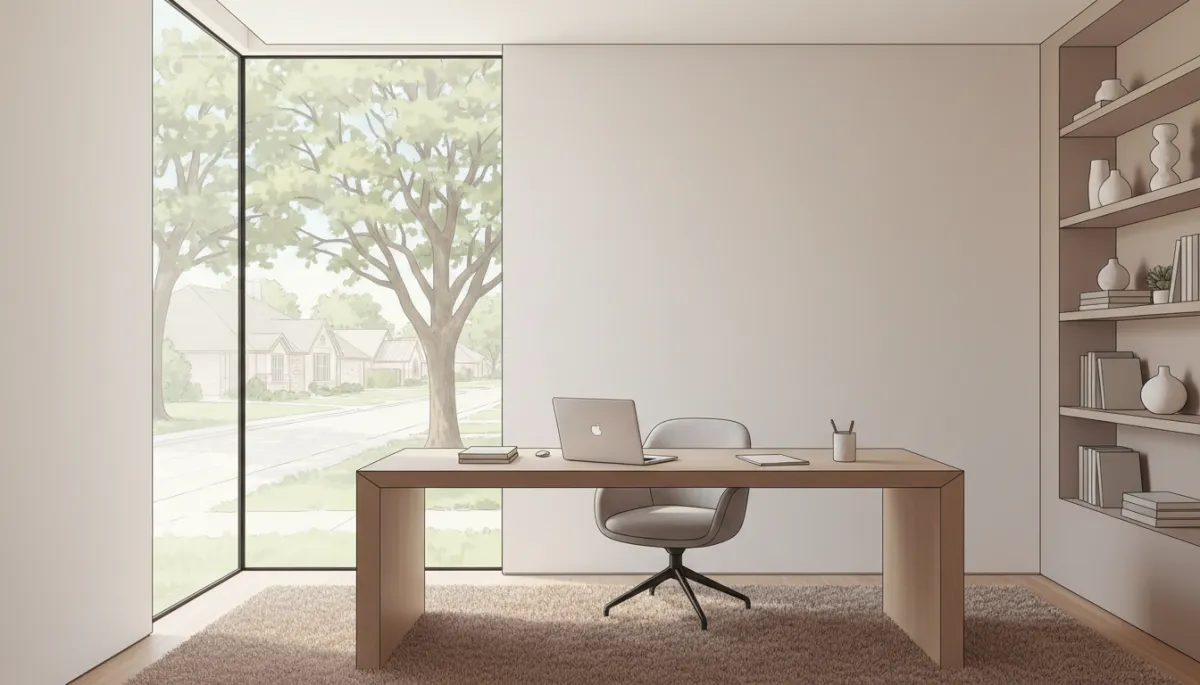 Professional home office in a Texas house with documents and laptop