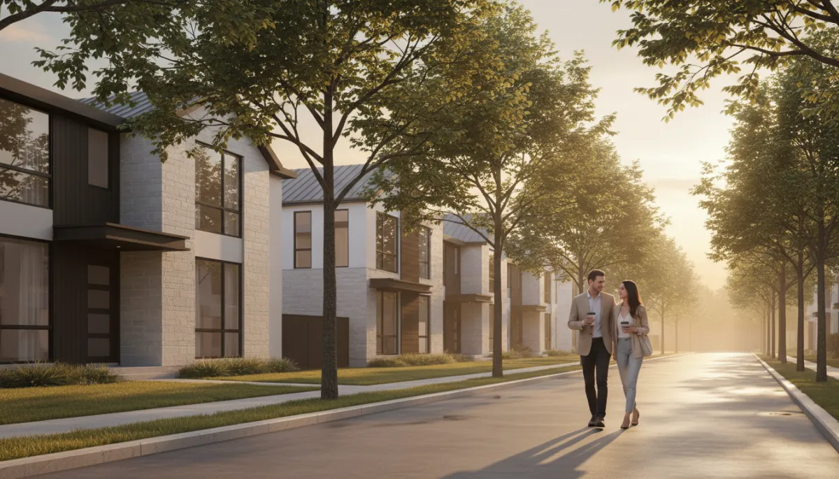 Modern Frisco neighborhood with sidewalks and professional residents walking Modern Frisco neighborhood with sidewalks and professional residents walking