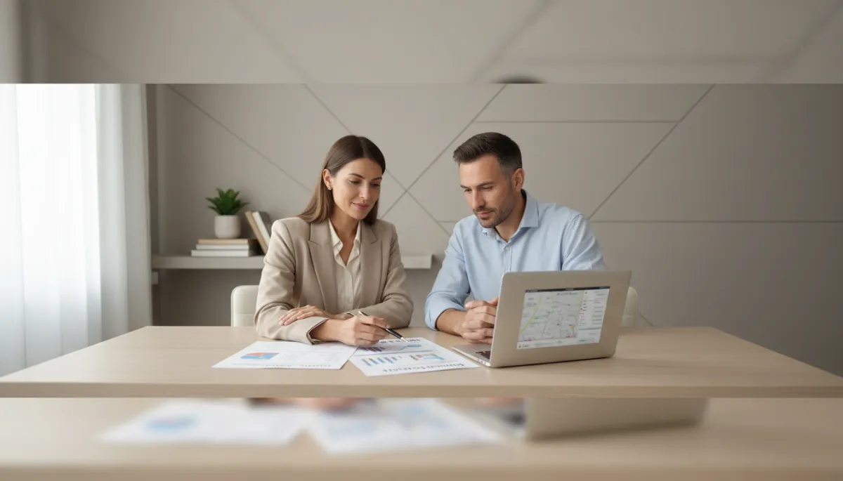Homeowner and real estate broker reviewing a market strategy together Homeowner and real estate broker reviewing a market strategy together