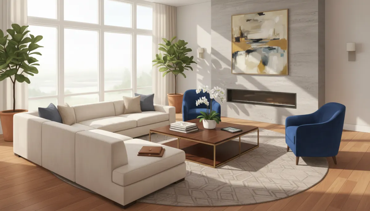 A real image of a luxury living room interior in a Dallas Fort Worth home, staged and ready for a buyer consultation, with elegant furnishings and natural light.