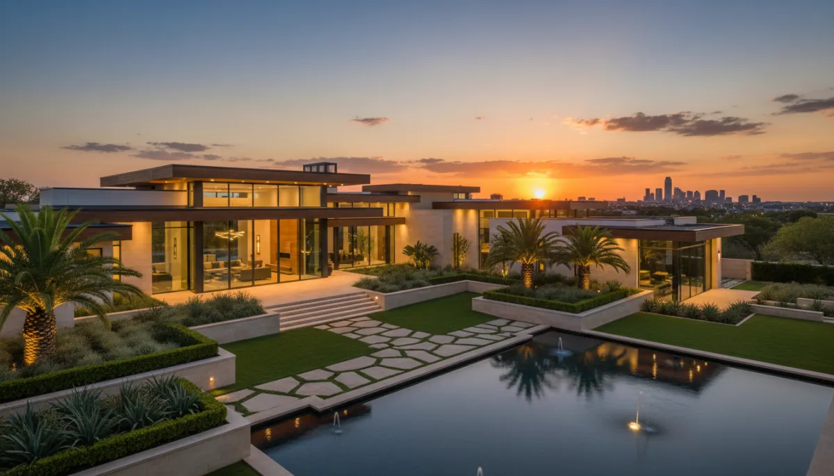 A high-quality real photograph of a luxury home for sale in the Dallas Fort Worth area at sunset, featuring modern architecture, pristine landscaping, and ambient lighting.