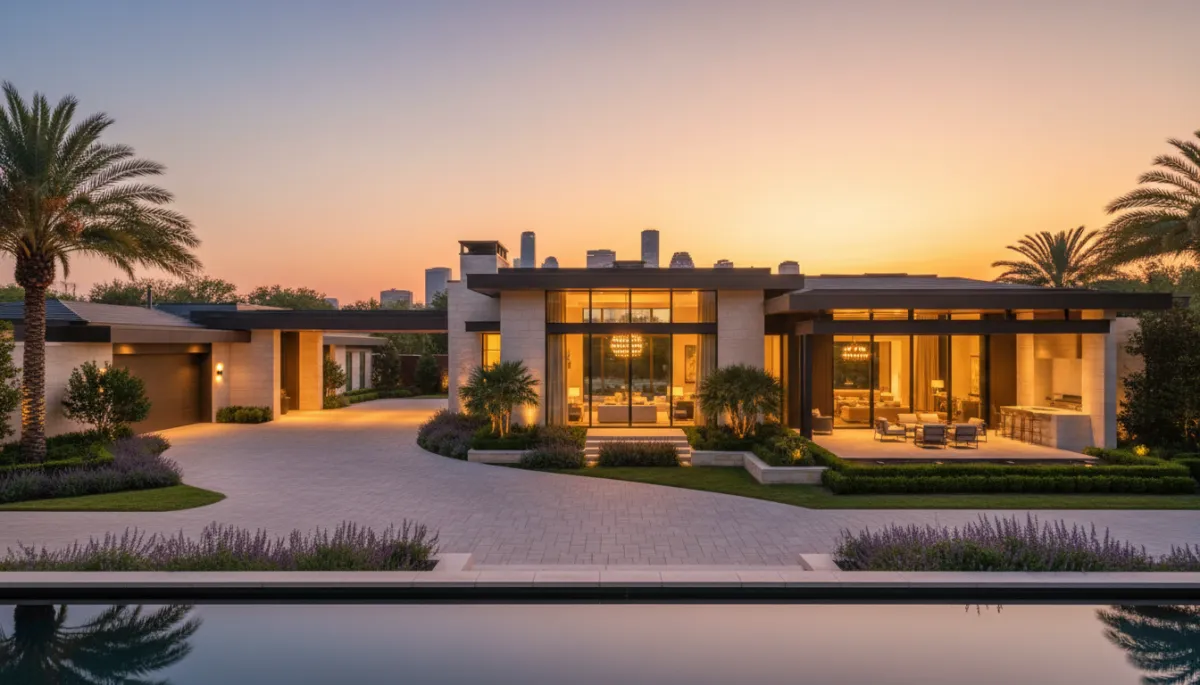 A high-resolution, real photograph of an actual luxury home exterior in Houston at sunset, featuring a wide driveway, manicured landscaping, and warm interior lighting visible through large windows. No cartoon or AI-generated elements. A high-resolution, real photograph of an actual luxury home exterior in Houston at sunset, featuring a wide driveway, manicured landscaping, and warm interior lighting visible through large windows. No cartoon or AI-generated elements.