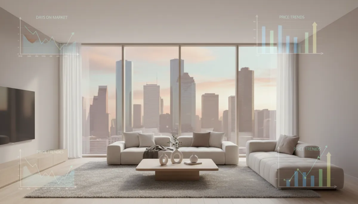 Modern Houston home interior with neutral decor and subtle data overlays Modern Houston home interior with neutral decor and subtle data overlays