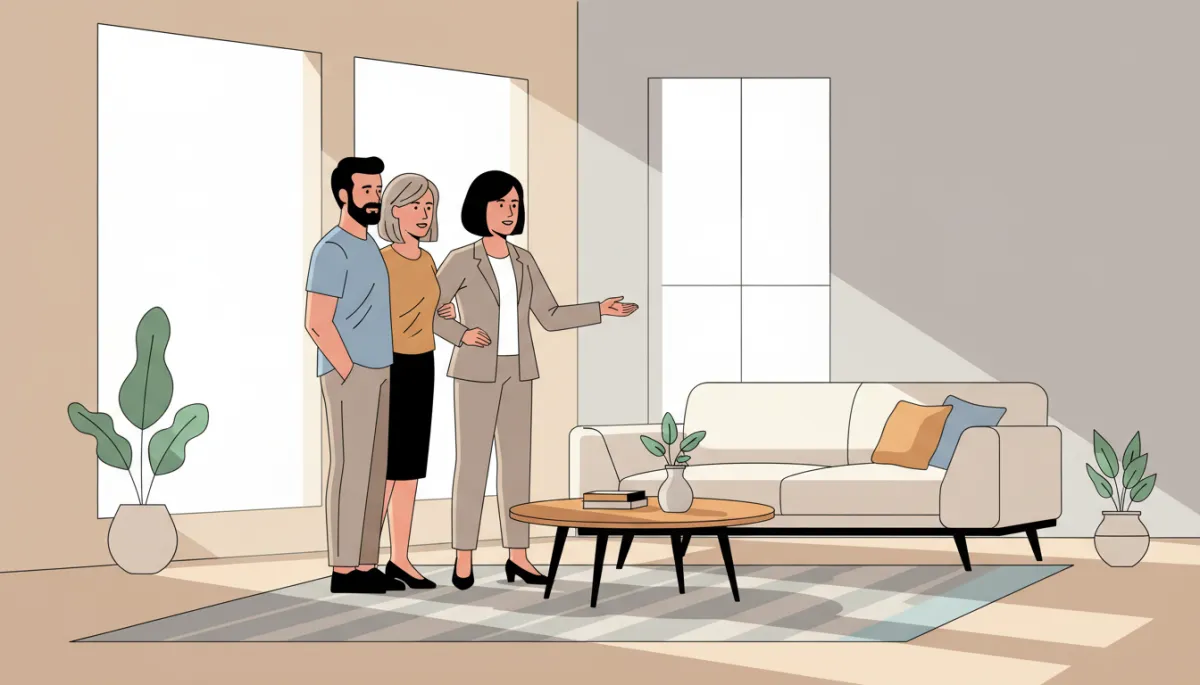 Couple touring a smaller Houston townhome with their real estate agent Couple touring a smaller Houston townhome with their real estate agent