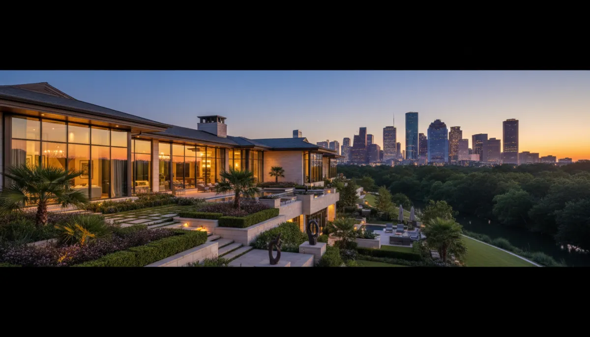 photorealistic twilight exterior of a luxurious Houston home with expansive windows, warm interior lights glowing, manicured landscaping, and a subtle downtown skyline in the distant background