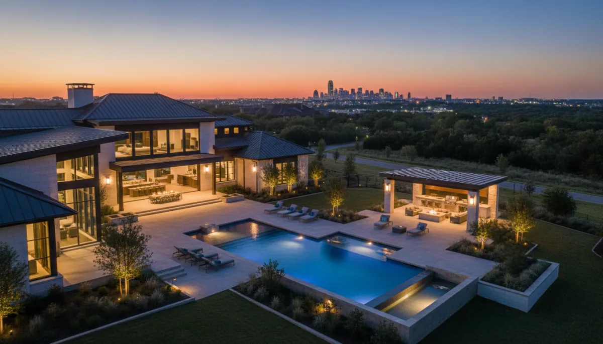 photorealistic twilight aerial view of a modern Dallas Fort Worth luxury home with pool and outdoor living area, warm neutral lighting, city skyline faint in the distance