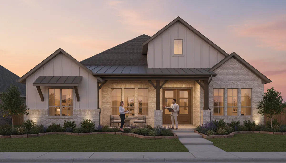photorealistic neutral-toned Houston suburban home at sunset, real estate agent and homeowner talking on front porch with paperwork, soft warm lighting, calm hopeful mood