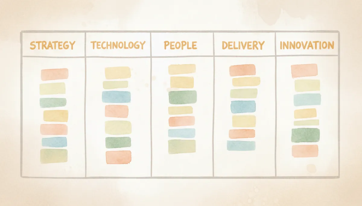 Dashboard-style whiteboard mapping the five dimensions of executive assistant career levels