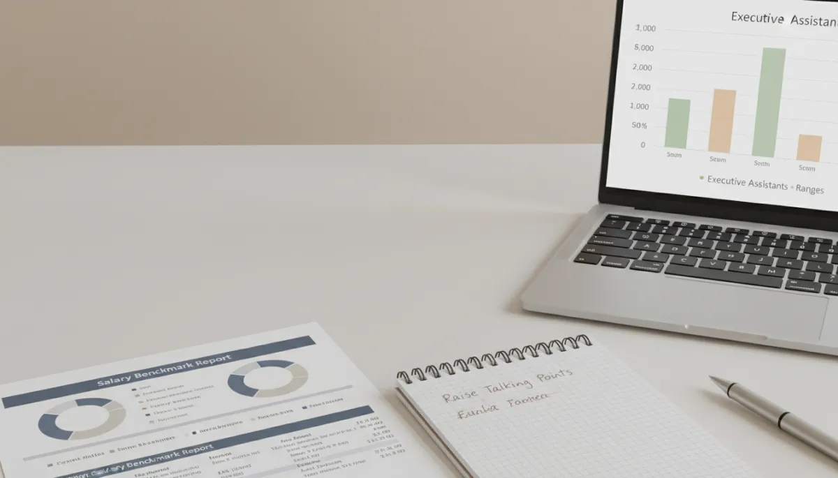 Executive assistant analyzing salary benchmarks and drafting data-backed raise talking points at a professional desk