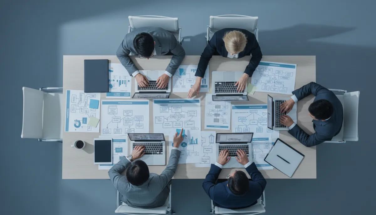 Real estate team designing systems and workflows in a modern conference room Real estate team designing systems and workflows in a modern conference room