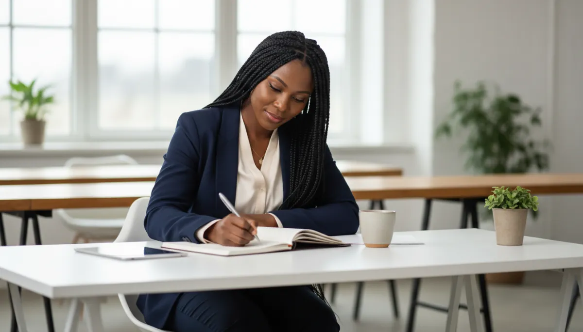 A photorealistic image of a professional Black woman with beautifully styled braided hair, seated at a modern office desk, writing or taking notes, looking focused and confident. She is dressed in smart professional attire. The setting is a clean, bright modern workspace. The image should feel warm, aspirational, and professional — fitting for a business and entrepreneurship page.