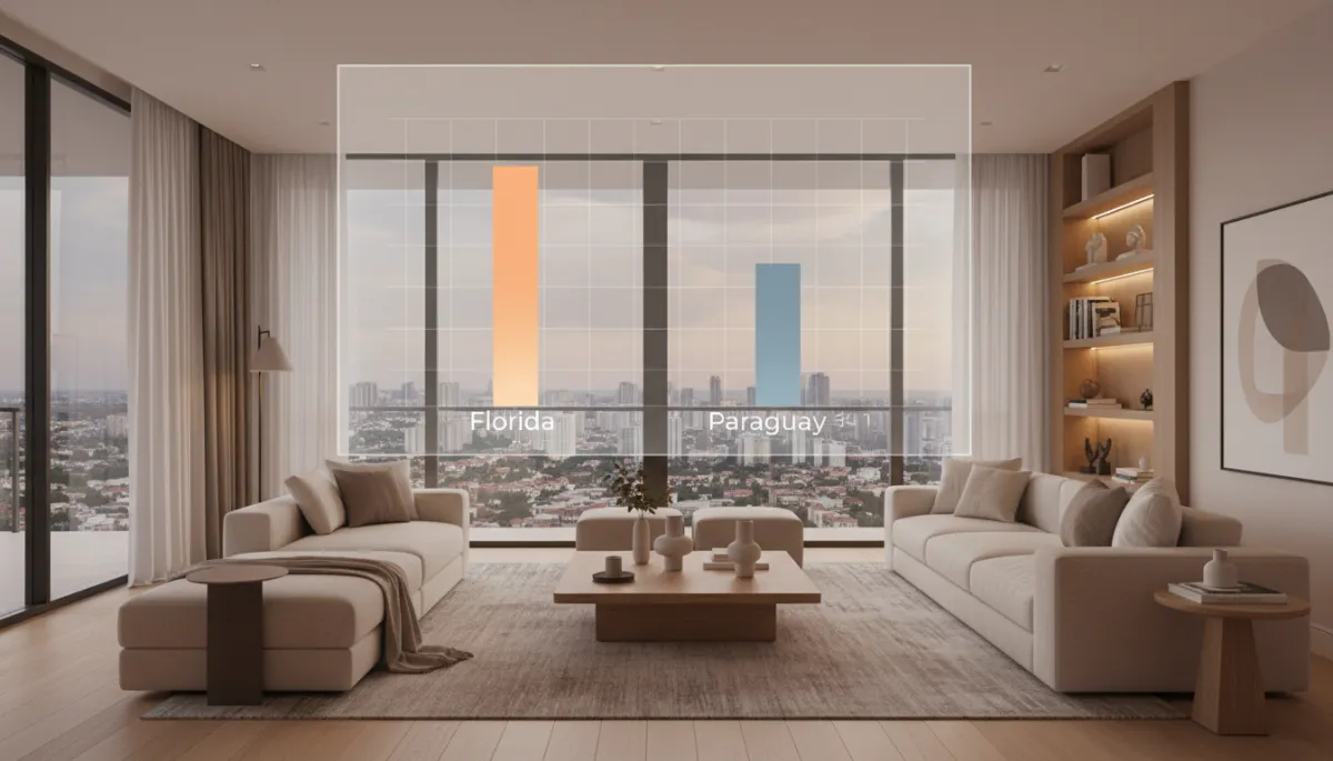 Sala de estar moderna com vista urbana representando comparação de preços entre Paraguai e Flórida Sala de estar moderna com vista urbana representando comparação de preços entre Paraguai e Flórida