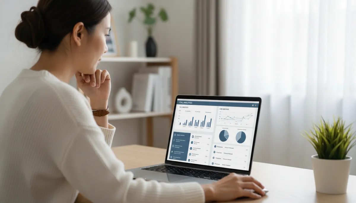 photorealistic neutral-toned scene of a small business owner reviewing a laptop screen showing call analytics and CRM records created by a voice AI system, calm office setting photorealistic neutral-toned scene of a small business owner reviewing a laptop screen showing call analytics and CRM records created by a voice AI system, calm office setting