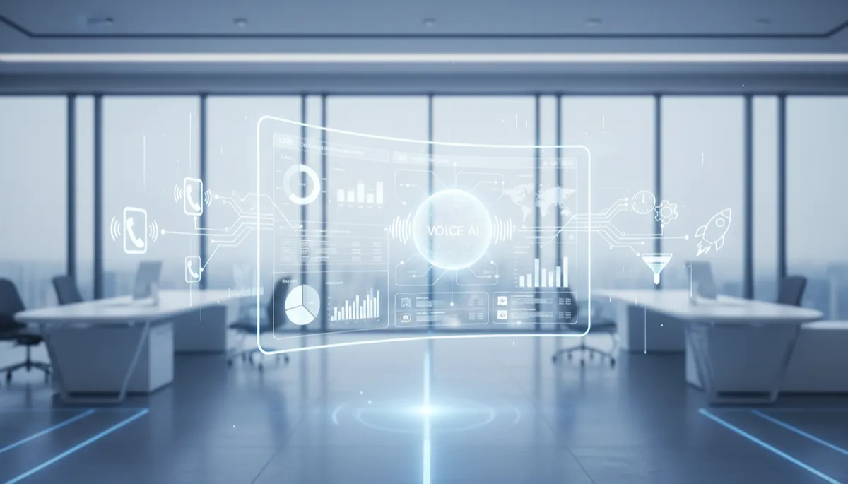 AI-powered CRM dashboards, phone calls, and automation icons flowing together