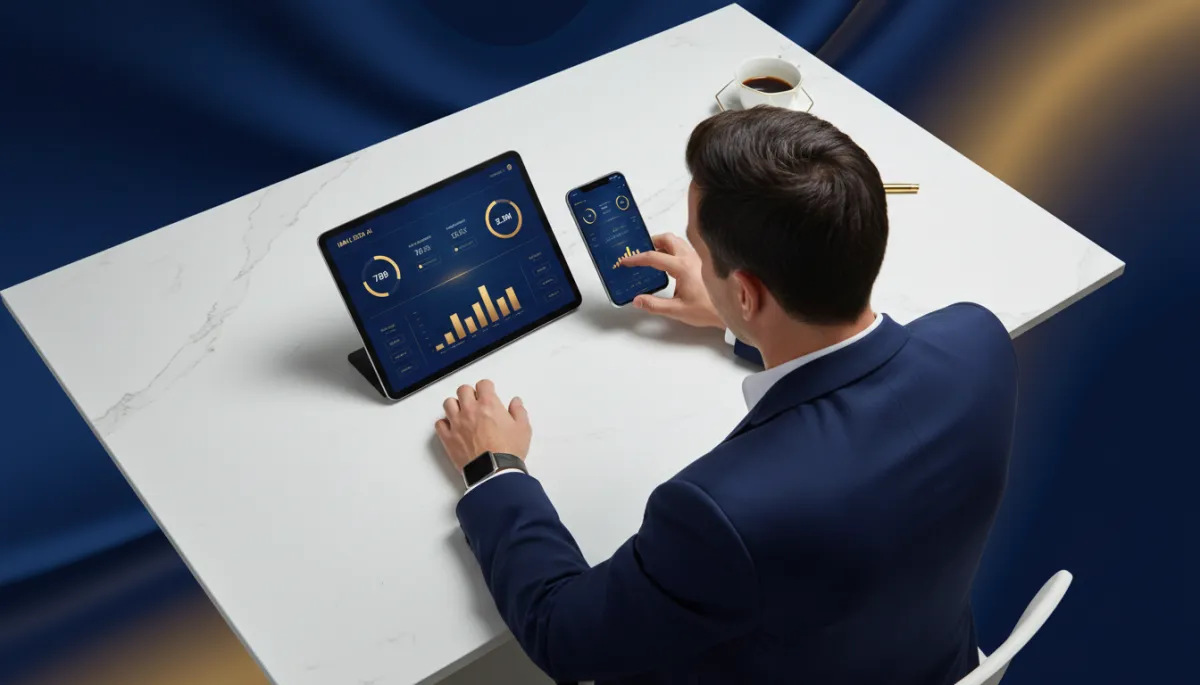 Entrepreneur using synchronized AI business automation dashboards on tablet and phone in deep blue and gold