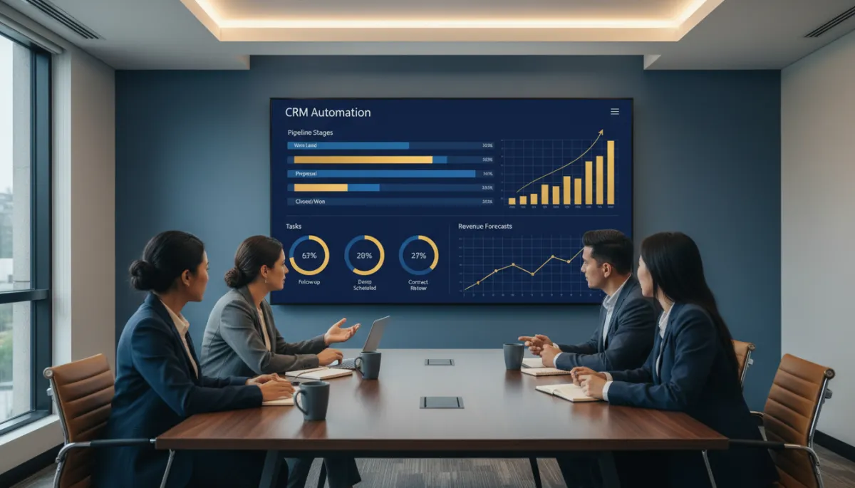 Team reviewing CRM automation dashboard with sales pipeline and revenue forecast in deep blue and gold