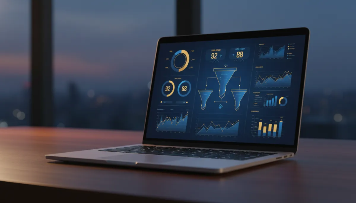 Laptop displaying AI lead generation dashboard with lead scores and conversion funnel in deep blue and gold