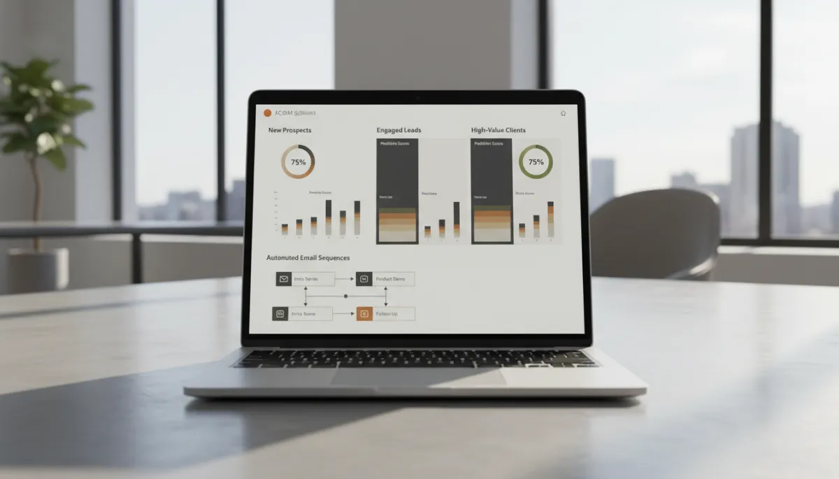 AI CRM dashboard displaying segmented leads, predictive scores, and automated nurture campaigns in a professional interface