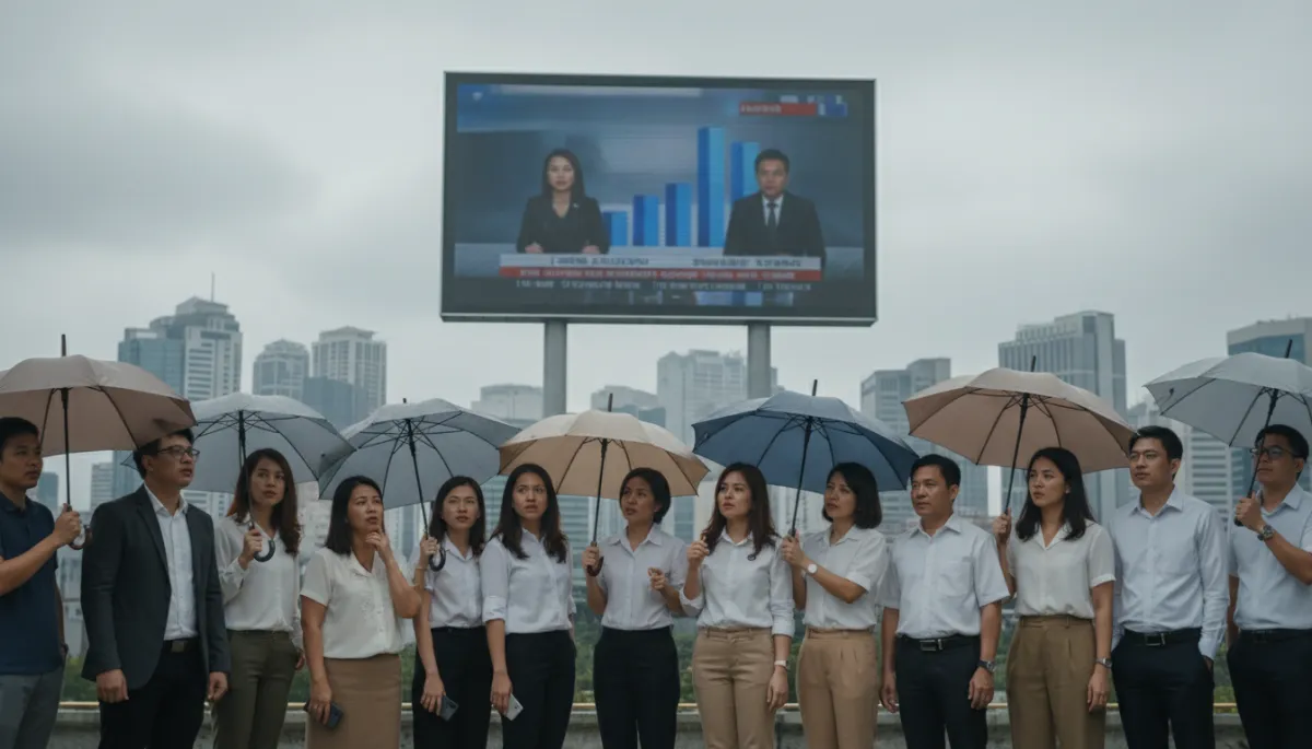 Professional street scene of Filipinos watching a live news broadcast on a large outdoor screen Professional street scene of Filipinos watching a live news broadcast on a large outdoor screen