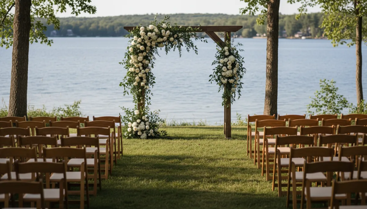Wedding ceremony arch decorated with neutral florals and greenery near a lake