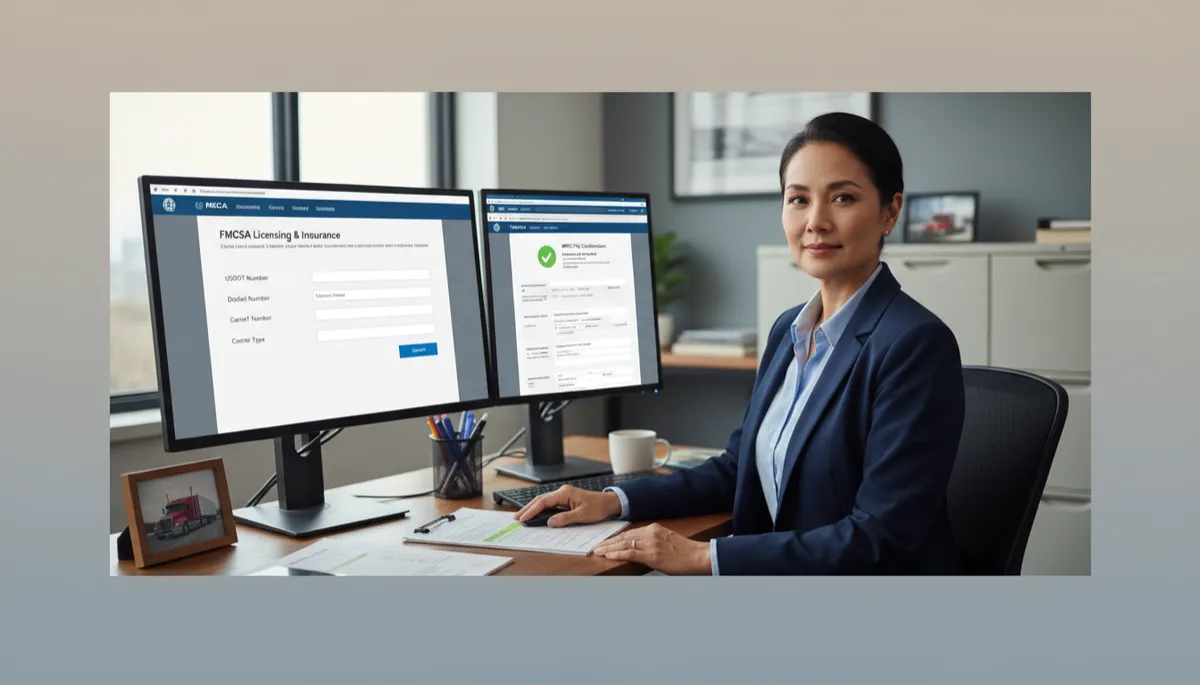 Insurance agent monitoring FMCSA insurance filing status on computer screens