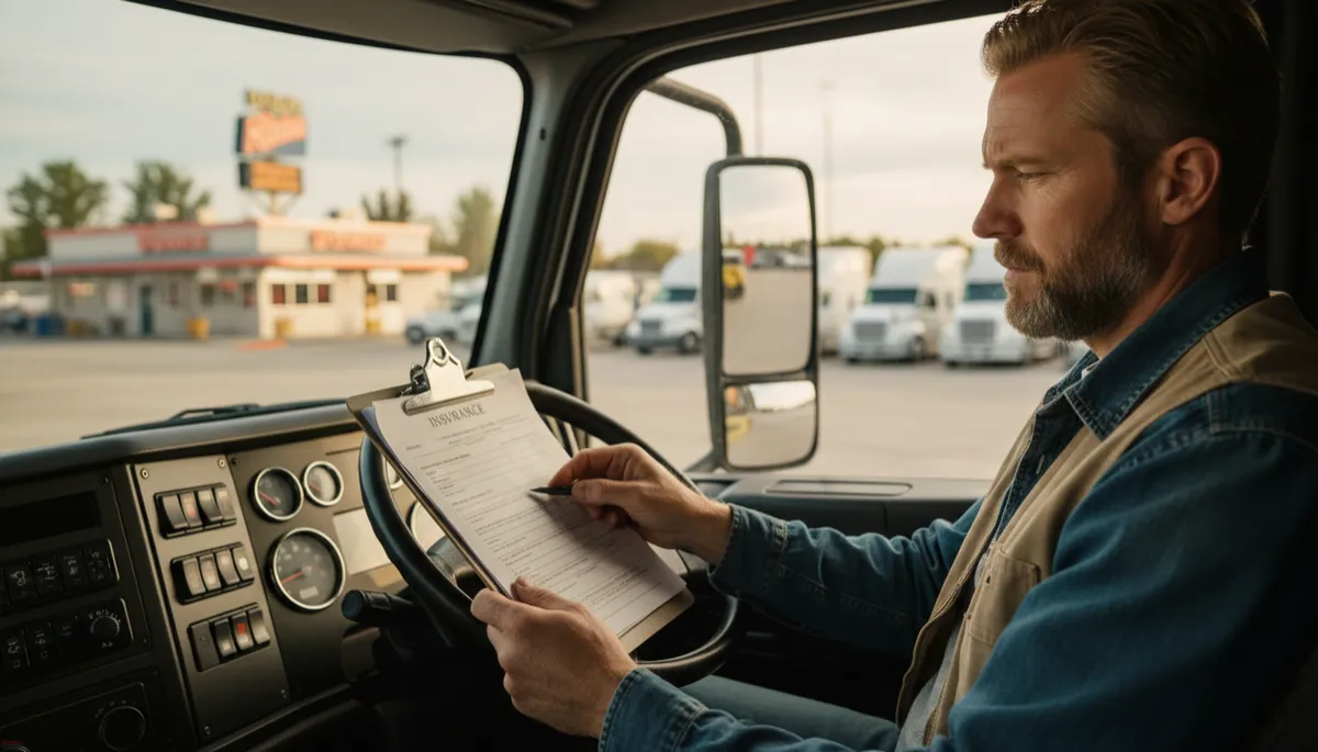 Truck driver reviewing insurance paperwork while off-dispatch