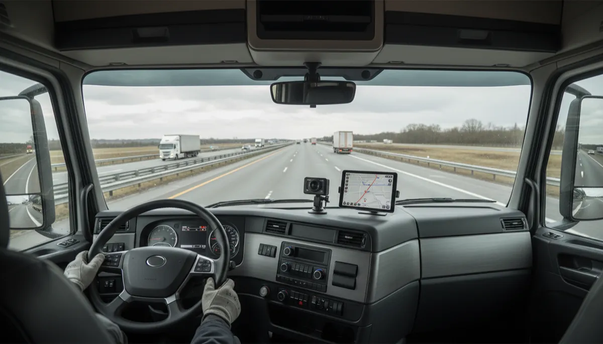 Semi-truck cab interior showing dashcam and GPS tracking device on the dashboard