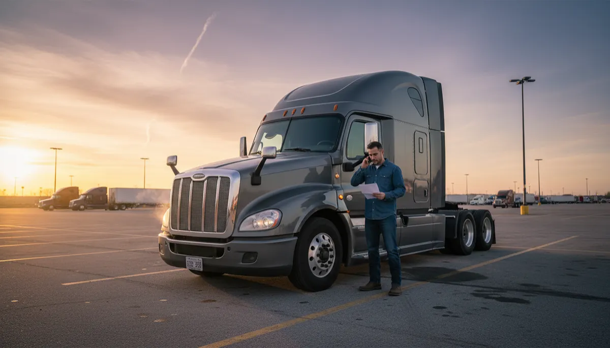 photorealistic neutral-tone scene of a semi-truck tractor parked without a trailer at sunset in a truck stop lot, driver standing nearby on phone reviewing paperwork, soft natural lighting and realistic detail