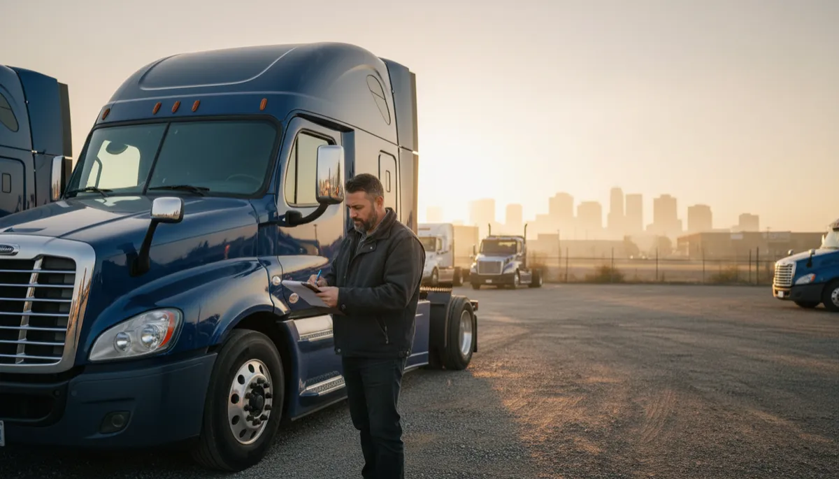 photorealistic neutral-tone early morning scene at a small trucking yard, a single owner-operator stands beside a clean late-model tractor-trailer reviewing paperwork on a clipboard, soft sunrise light, subtle city skyline in background, calm and professional atmosphere