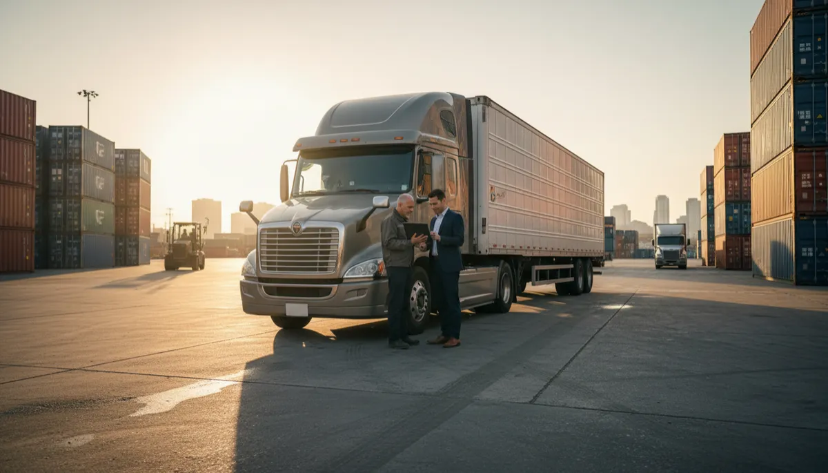 photorealistic wide shot of a modern semi truck parked at a freight yard at sunrise, driver reviewing paperwork with an insurance agent on a tablet, neutral color palette, soft natural light