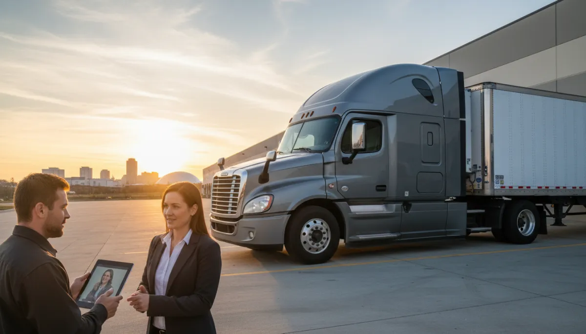photorealistic neutral-color scene of a late-model semi-truck parked at a distribution center in North Carolina at sunrise, with a professional driver speaking to an insurance advisor over a tablet, subtle city skyline hinting at Greensboro in the background