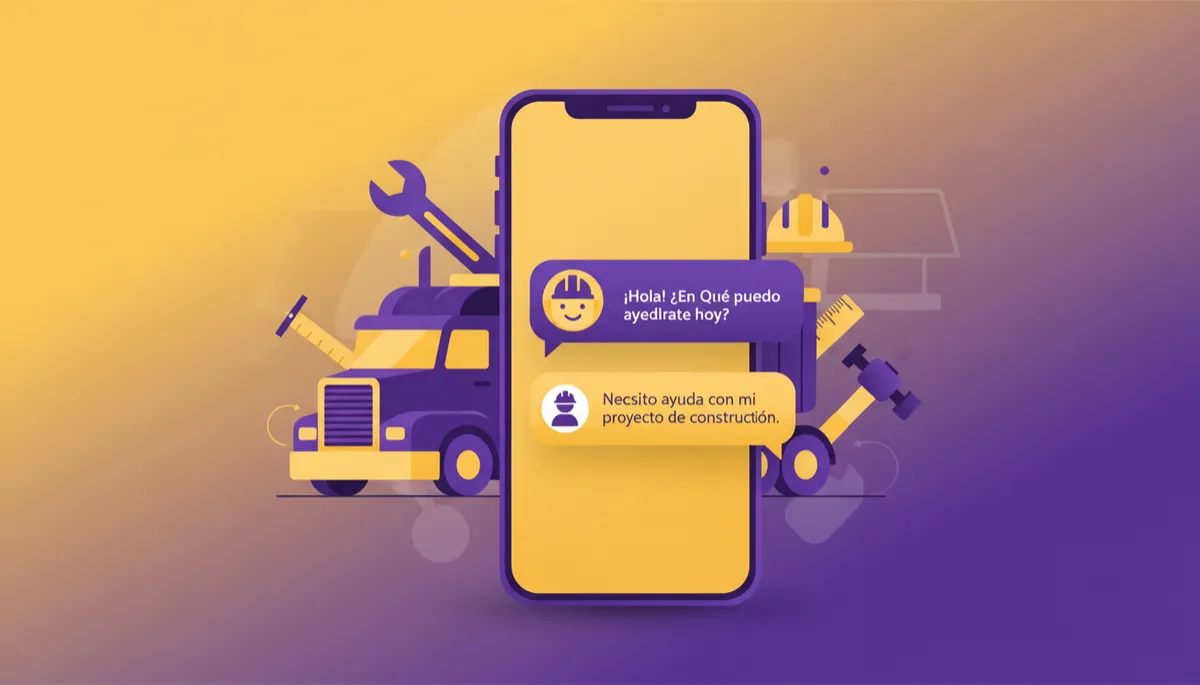 branded flat design illustration using yellow #F0BC2D and purple #453875 showing a friendly smartphone chat with a smiling AI assistant named Alex, a semi-truck and contractor tools in the background, text bubbles in Spanish