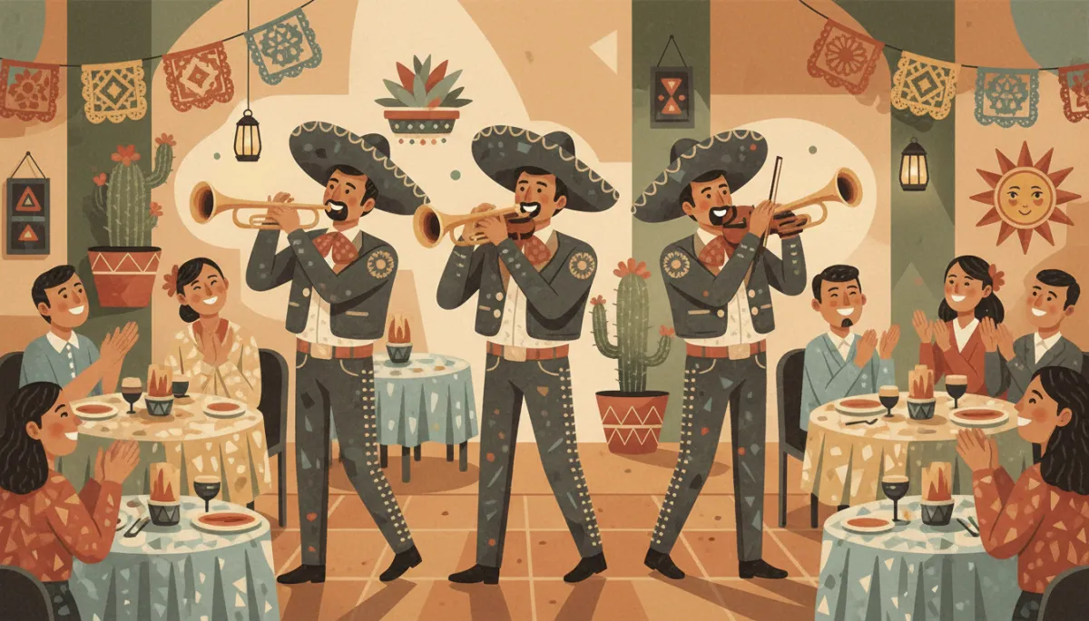 Mosaic patterned mariachi trio performing among diners at Casa De Bandini