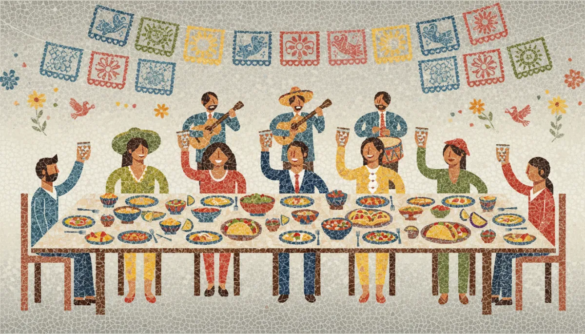 Mosaic patterned scene of guests toasting with musicians in the background at Casa De Bandini