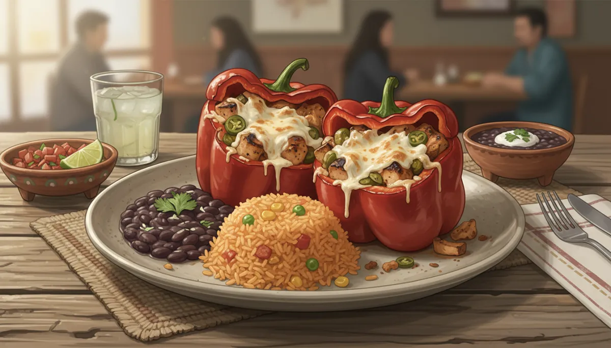 professional close-up of two baked red bell peppers stuffed with grilled chicken, chiles, onions, garlic and melted jack cheese, served on a neutral-toned plate with rice and beans, casual Mexican restaurant table setting in Carlsbad