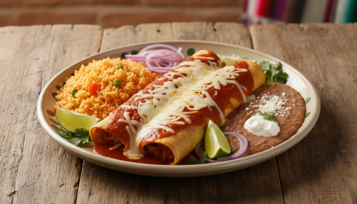 photorealistic Mexican enchilada platter photography, overhead view of two enchiladas smothered in red sauce and melted cheese on a neutral-toned ceramic plate, served with rice, beans, and fresh garnishes on a rustic wooden table, soft natural light and cozy family-restaurant ambiance photorealistic Mexican enchilada platter photography, overhead view of two enchiladas smothered in red sauce and melted cheese on a neutral-toned ceramic plate, served with rice, beans, and fresh garnishes on a rustic wooden table, soft natural light and cozy family-restaurant ambiance