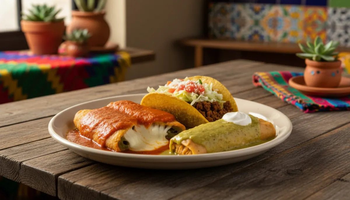 photorealistic Mexican food photography of a neutral-toned ceramic plate featuring a chile relleno, crispy beef taco, and sauced chicken tamale at a rustic wooden table, soft natural light, blurred background of Casa de Bandini-style decor