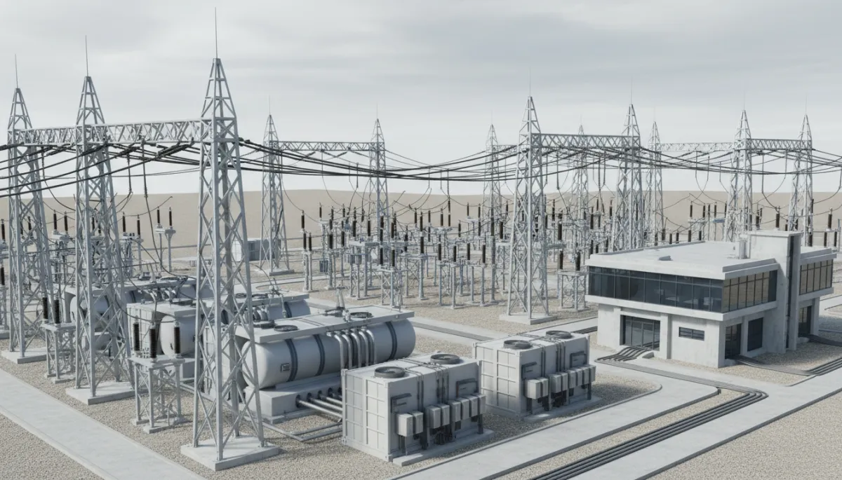 Modern substation with power lines and battery storage units Modern substation with power lines and battery storage units