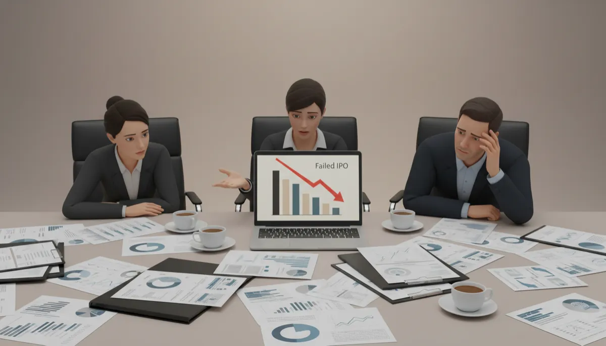 Executives reviewing a failed IPO prospectus and deal materials in a professional conference room