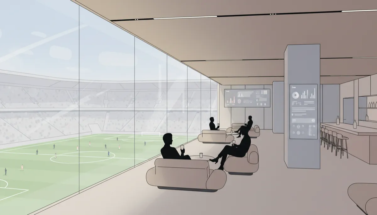 Luxury hospitality lounge in a stadium overlooking a live sports match