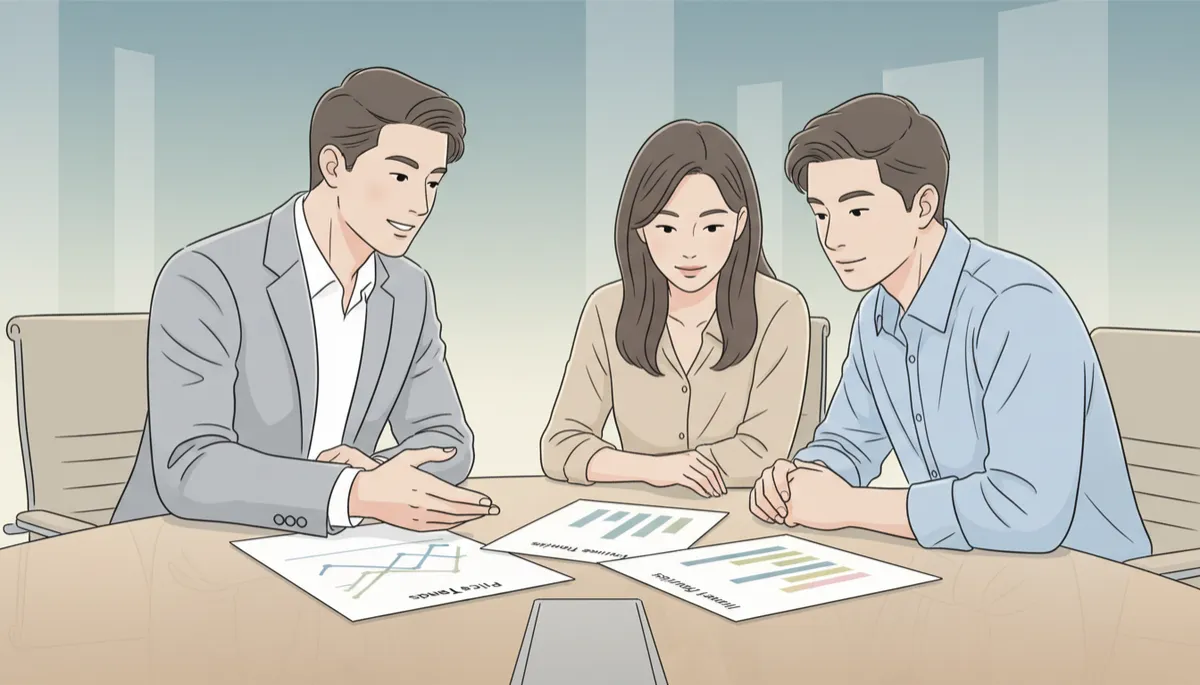 Professional scene of buyers and an agent studying housing price charts