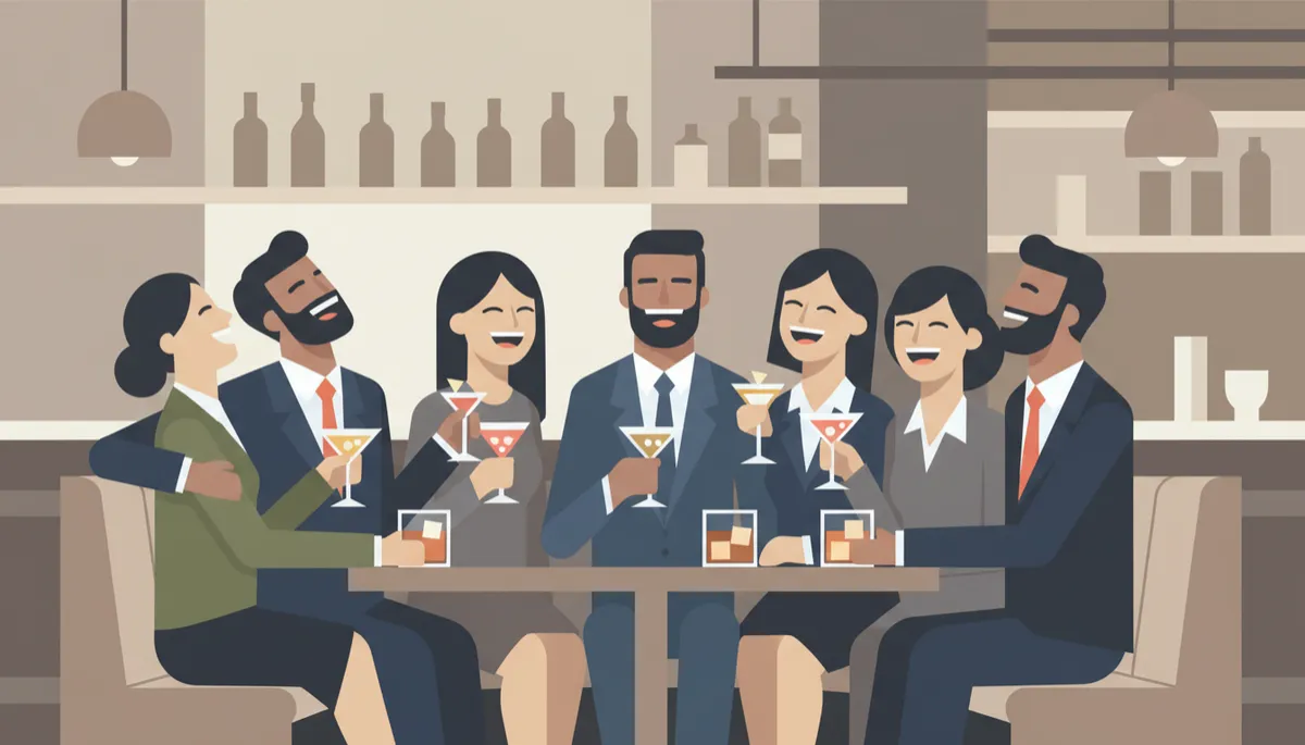 Colleagues in business attire celebrating with drinks at a bar after work